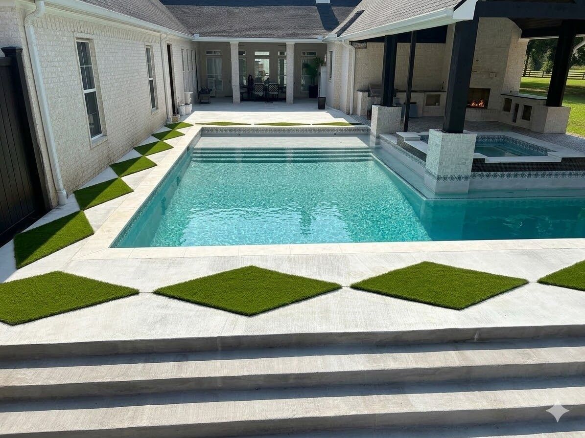 Luxury pool deck with diamond-shaped turf inlays